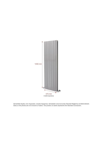 1200x475mm Amber Dikey Gümüş Gri Alüminyum Radyatör Standart Bağl