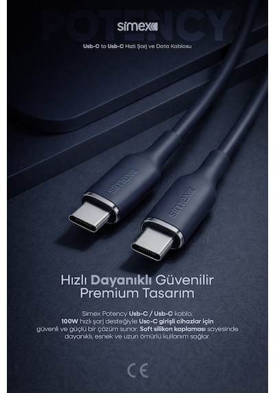 Simex 100w Type-c To Type-c Hızlı Şarj Kablosu İphone Ve Android Uyumlu, Soft Silikon 1.2 M Spk-14