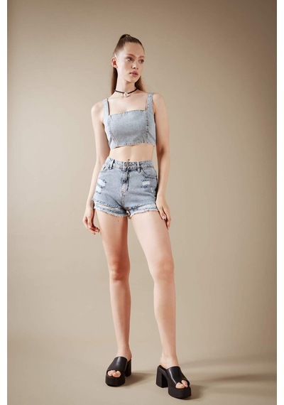 Defacto Jean %100 Pamuk Crop Bluz A8524AX23HSNM39