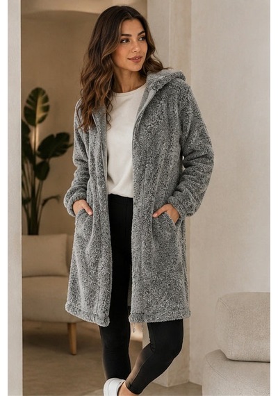 Unika Boutique Kadın Welsoft Fermuarlı Kapüşonlu Uzun Polar Hırka Gri