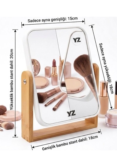 Çift Taraflı Bambu Standlı Masaüstü Makyaj Aynası - 2x Büyütmeli Beyaz Çerçeveli Döner Ayna 20x18 Cm