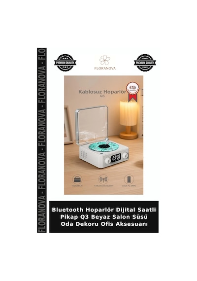 Bluetooth Hoparlör Dijital Saatli Pikap Q3 Beyaz Salon Süsü Oda Dekoru Ofis Aksesuarı