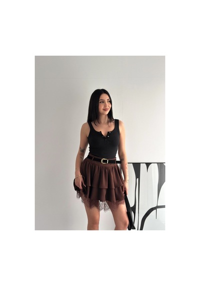 Gugus Kadın Mini Boy Tül/dantel Detaylı Beli Kemerli Volanlı Etek Kahverengi