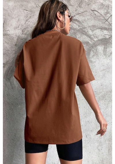 Unisex The Future Baskılı Oversize T-shirt Kahverengi