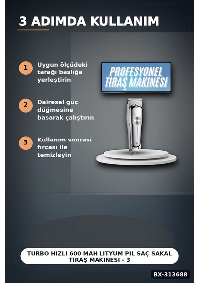 Turbo Hızlı 600 Mah Lityum Pil Saç Sakal Tıraş Makinesi - 3 Taraklı Kablosuz Bx-313688