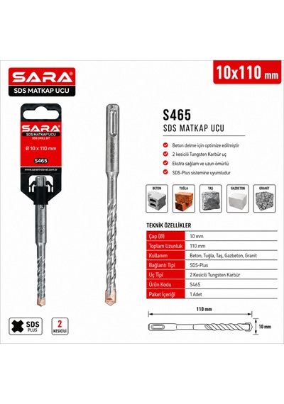 Sara S465 Sds Plus Matkap Ucu 10 X 110 Mm, 2 Kesicili Tungsten Karbür Uçlu