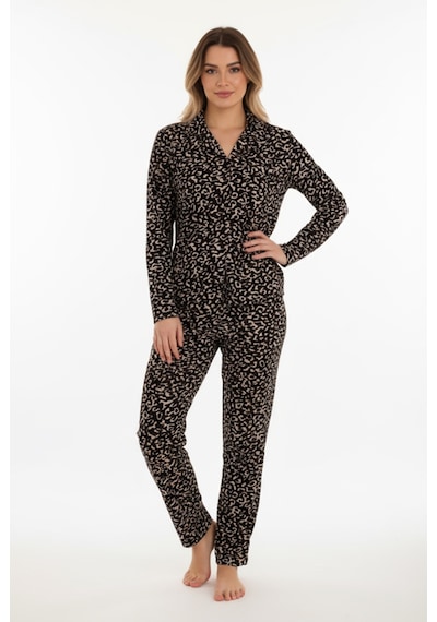 Luxury Soft Siyah Leopar Desenli Uzun Kollu Kadın Pijama Takımı 3058 Leopar2