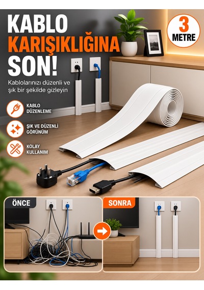 Mucit Home Kablo Kanalı 3 Metre - Yapışkanlı Kablo Gizleme Ve Kablo Düzenleyici Organizer