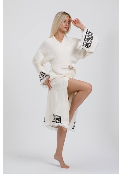 Befera Hitit Müslin Kimono Pamuklu Lotus Baskılı Desenli Bornoz Kaftan Sabahlık Ekru