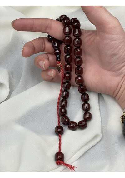 Omari Osmanlı Benzetme Kapsül Kesim Koyu Vişne Sıkma Kehribar Tesbih 11x12 Mm Bordo