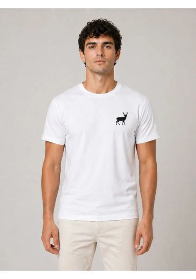 Efnaz Style Erkek Minimal Geyik Logolu Tişört Bisiklet Yaka Kısa Kol Yazlık T-shirt - Beyaz