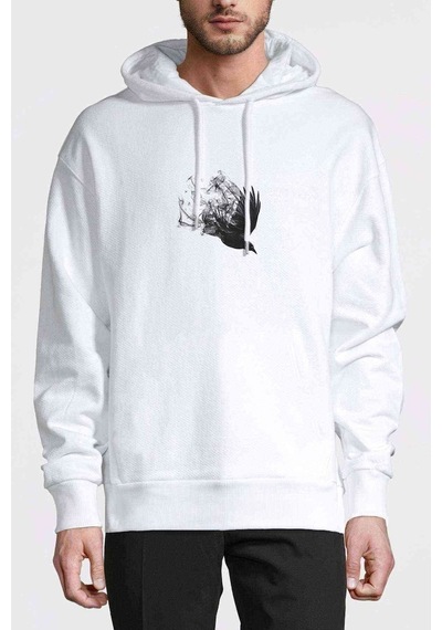 Blackbird After Dark Baskılı Beyaz Erkek Örme Sweatshirt