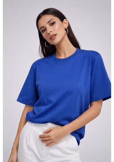 Kadın Saks Mavi %100 Pamuk Oversize Basic Tişört Rahat Kalıp Relaxed Bisiklet Yaka T-shirt Saks Mavi