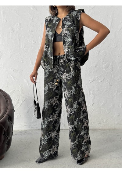 Verymoda Nakışlı Keten Pantolon F2008 Siyah