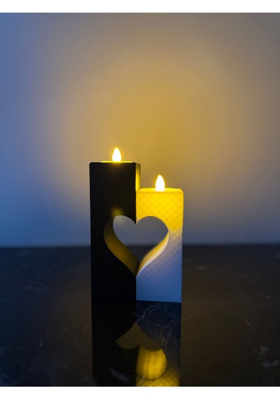 Kalp Detaylı İkili Led Tealight Mumluk Siyah Beyaz Romantik Dekoratif Set