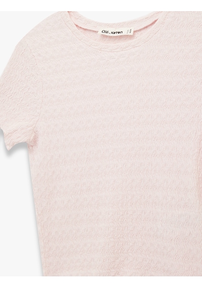 Koton Slim Fit Kısa Kollu Dokulu Bisiklet Yaka Crop Tişört Pembe 6sal10010ık Gül