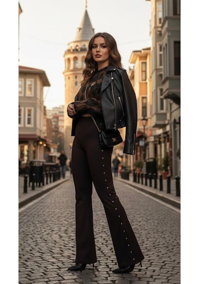 Premium Kalite Yanları Zımba Beli Lastik Detaylı Pantalon Kahverengi