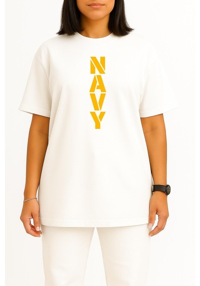 Bahriyeli Collection Oversize Vert Navy Göğüs Ve Sırt Baskılı Unisex T-shirt Beyaz