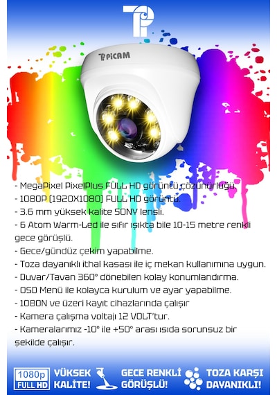 Picam 3 Kameralı Dome 3 İç Kamera Set 2 TB HDD Full HD Renkli Gece Görüşlü Güvenlik Kamerası Sistemi