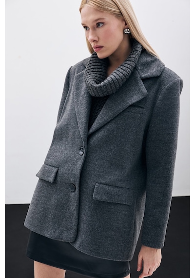 Sateen Düğmeli Kaşe Ceket - Siyah-135414 Siyah