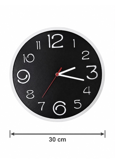 Modern Sessiz Dekoratif 30 Cm Yuvarlak Duvar Saati Siyah - Beyaz