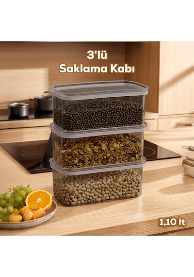 Porsima 420-gr 3lü Sızdırmaz Yiyecek Erzak Saklama Kabı Seti - 1100ml Gri