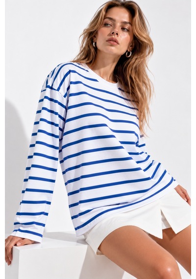 Wild Bee Kadın Saks Mavi Beyaz Çizgili Pamuklu Bisiklet Yaka Oversize Bluz