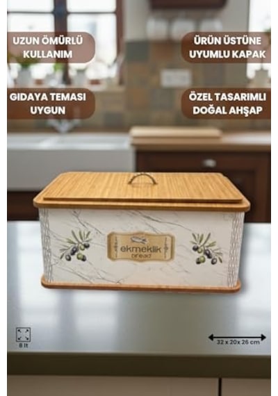 Geleneksel Tasarım Kapaklı Büyük Ekmeklik Dikdörtgen Ahşap Ekmek Sepeti Mermer Desenli