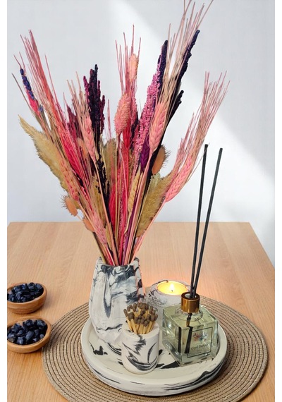 Mermer Desenli Vazo Seti-tealight Mumluk-kibritlik-oda Kokusu-vazo Mum Ve Koku Çubuğu Dahildir Beyaz - Siyah