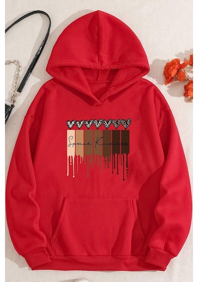 Uyguntarz Leopar Kalp Baskılı Oversize Sweatshirt Kırmızı
