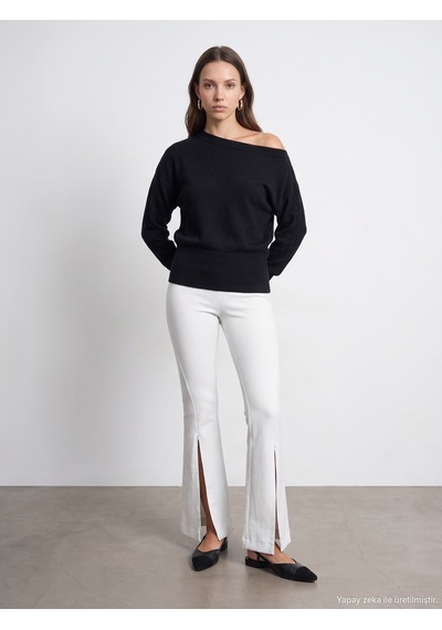 Dilvin 73037 Fermuar Detaylı Flare Pantalon Ekru