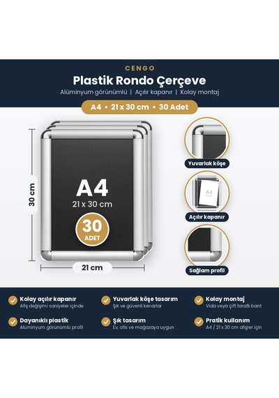 30 Adet A4 Plastik 21x30 Rondo Çerçeve 21 x 30 CM