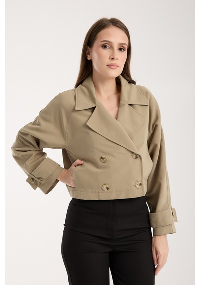 Bolivente Açık Haki Kruvaze Crop Trençkot