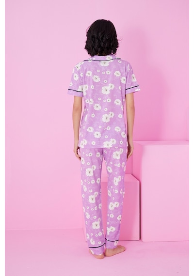 Siyah İnci Love Kalp Desenli Kısa Kollu Düğmeli Biyeli Pijama Takım7854 Lila Beyaz Çiçek