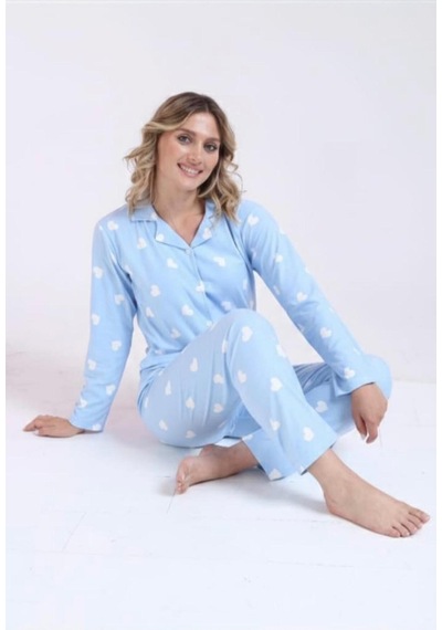 Kadın Açık Mavi Kalp Desenli Düğmeli Uzun Kollu Pamuk Pijama Takımı Mavi