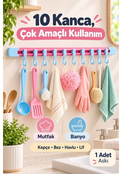 10 Kancalı Sürgülü Raylı Mutfak Ve Banyo Düzenleyici Askı 30 Cm Mavi - Pembe