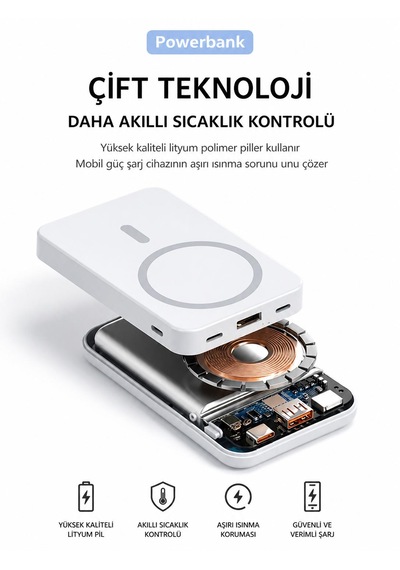 12.000mah 5w Mıknatıslı Powerbank Micro Type-c Şarjlı Hızlı Şarj Taşınabilir Standlı 4 Çıkış 3 Giriş 10w Hızlı Şarj Kablosuz Uyumlu Şarj Açık Gri