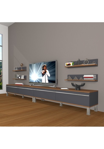 Decoraktiv Eko 360r Mdf Krom Ayaklı Tv Ünitesi Tv Sehpası Ceviz - Siyah