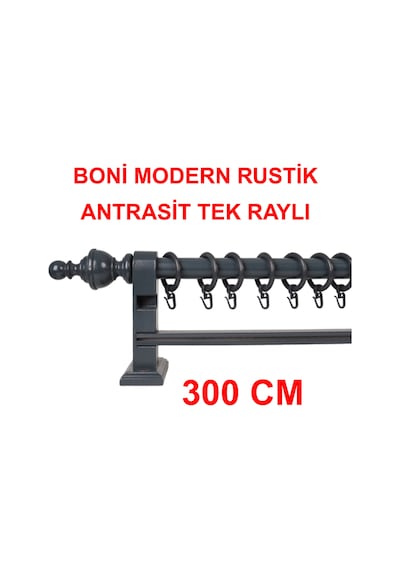 Boni Modern Rustik Ahşap Rustik Perde Askısı Tek Raylı-antrasit 300 Cm Antrasit