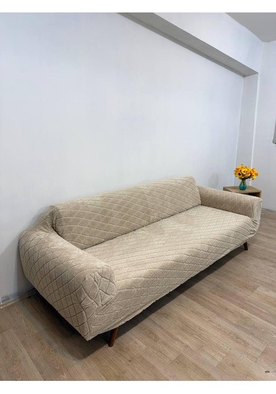 Bibaha Peluş Lastikli Koltuk Örtüsü 3 Kişilik Yıkanabilir Esnek Koltuk Kılıf Vizon Çok Renkli