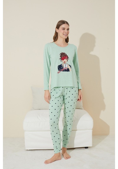 Siyah İnci Pamuklu Örme Pijama Takım 24240135 Yeşil