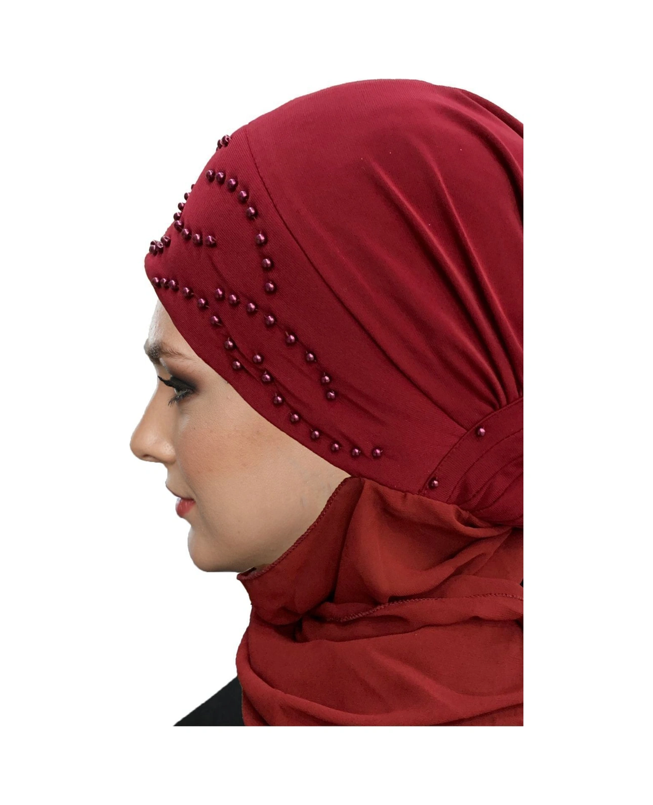 Elysianfidan Topuzlu Atkılı Bordo Hazır Türban Tesettür Bone Bordo