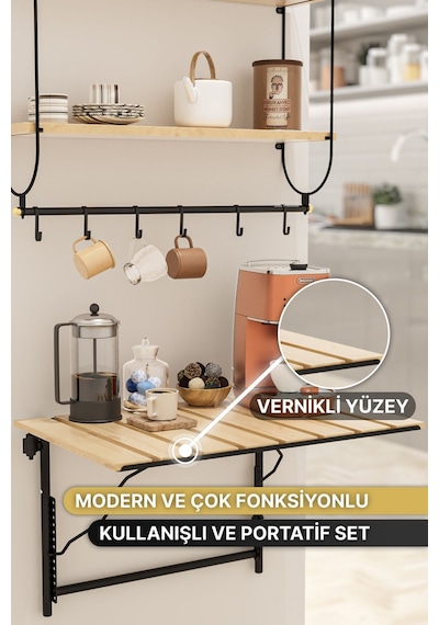 Modern Kahve Köşesi Çok Amaçlı Mutfak Dolapları 3lü Set Lüks Katlanır Mutfak Masası Düzenleyici