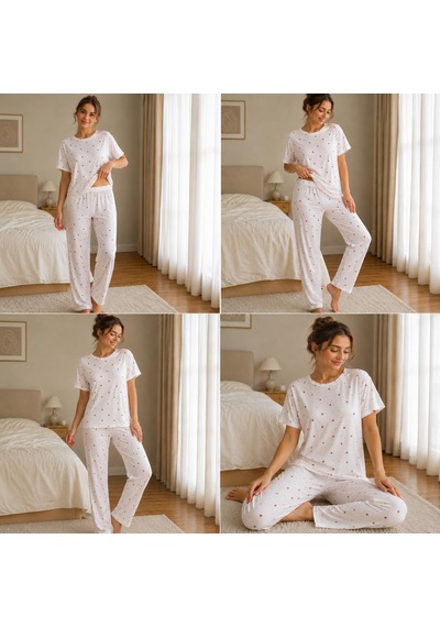 Esra Butik78 Kadın Milan Kumaş Kısa Kollu Pijama Takımı Beyaz/krem Desenli