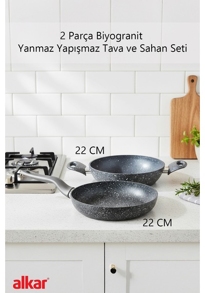 2 Parça 22 Cm Bio Granit Sahan Ve Tava Seti Yanmaz Yapışmaz, Sağlıklı Ve Dayanıklı Kullanım Gri