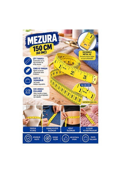 Sarı Mezura 150 Cm 1 Adet Renkli Meziro Terzi Baş Vüvut Ölçüm Metresi Beden Ölçmek Mezro Çift Yönlü