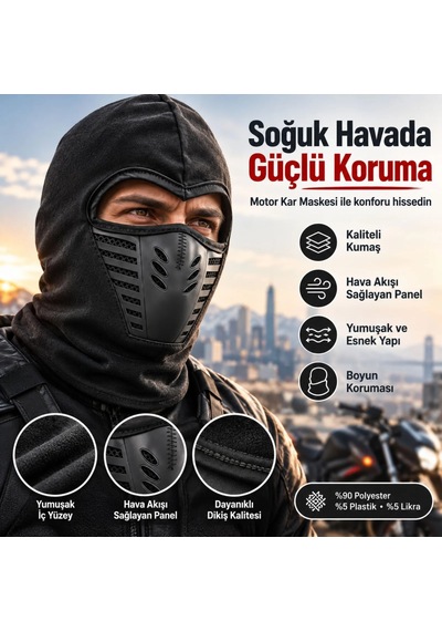 Genel Siyah Balaklava Kar Maskesi Air Flow Hava Kanallı Yüz Maskeli Tam Kafa Boyunluk Siyah / Standart