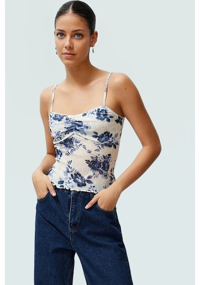 Ersefa İnce Askılı Çiçekli Crop Bluz Rahat Şık Ve Yazlık Polyester Örme Mavi
