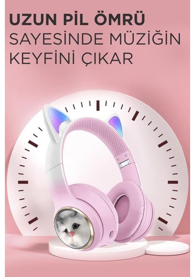 Premium Okul Gereci Taşınabilir Set Hd11 Pembe Sevimli Kedi Karikatür Kulaklık