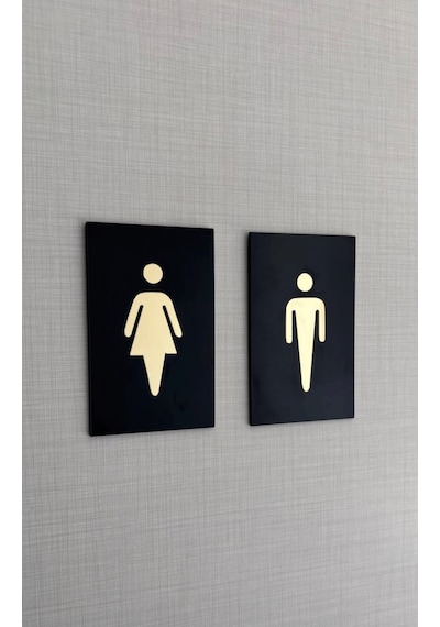 Kadın & Erkek Wc Tuvalet Yönlendirme Seti Siyah Pleksi Kendinden Yapışkanlı 8x12 Cm